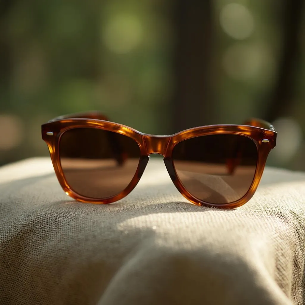 Detalle de gafas de sol de diseño sobre una superficie texturizada