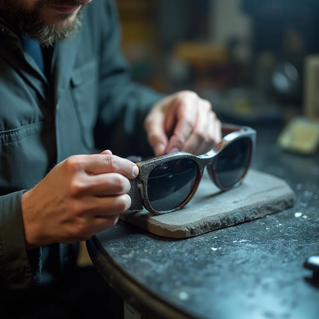 Artesano trabajando en la montura de unas gafas de sol